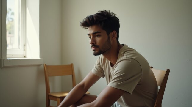 Hombre pensativo sentado en una silla, espacio minimalista, momento tranquilo y reflexivo capturado