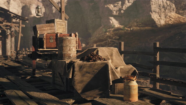 A serene landscape captures the remnants of an old mining area. A wooden cart sits alongside crates and barrels, while shadows play across the rough wooden platform in warm sunlight.