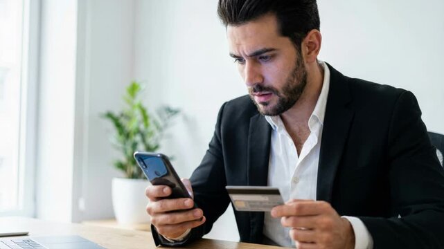 Businessman using a smartphone and credit card for an online payment. Professional man making a digital transaction at his desk in a bright office. E-commerce and mobile banking concept