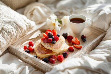 Heart-shaped pancakes topped with berries and coffee sit on a wooden tray. Soft morning light fills the cozy bedroom with white linens
