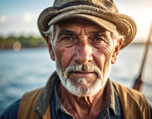 Portrait of an elderly fisherman with a weathered face and a calm expression.
