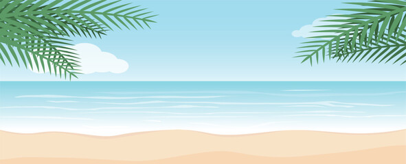 Fototapeta premium Summer holiday and Sea beach with palm tree leaves background