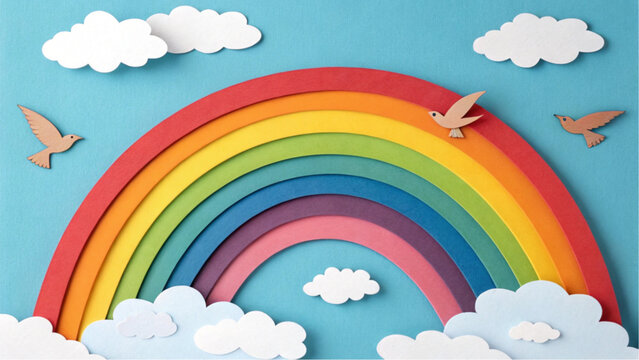 Colorful layered paper art rainbow with white clouds and wooden bird silhouettes.