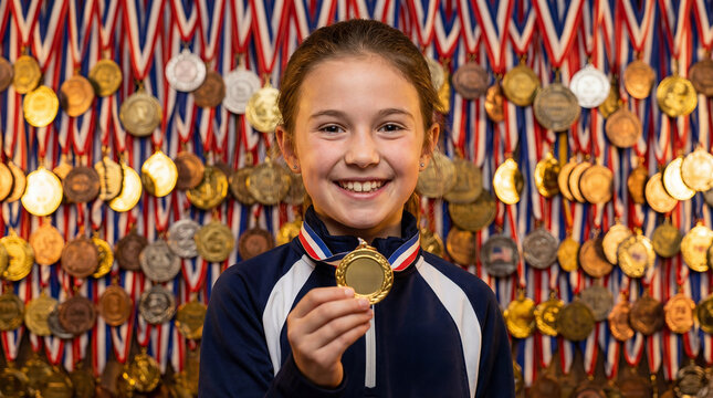 Portrait of young sport girl winner holding gold medal against awards background
