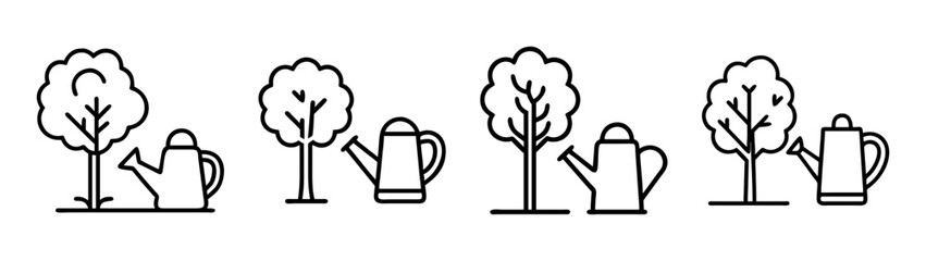 Illustration of trees and watering cans for gardening landscaping and nature themed designs and art © IsratJahan