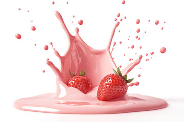 Vivid splash of strawberry milk surrounds fresh strawberries, creating an eye-catching scene filled with color and detail against a white background