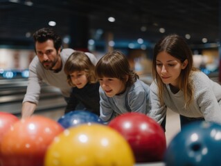 Family enjoying a fun bowling game together, parents supporting children learning new skills, creating lasting memories during leisure activity indoors