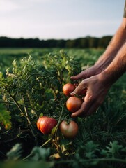 Farmer's hands harvesting fresh organic tomatoes from a lush green field at sunset, representing sustainable agriculture, natural produce, and healthy eating practices