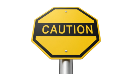 Yellow caution sign isolated PNG on transparent background, warning symbol for safety and hazard awareness, attention needed