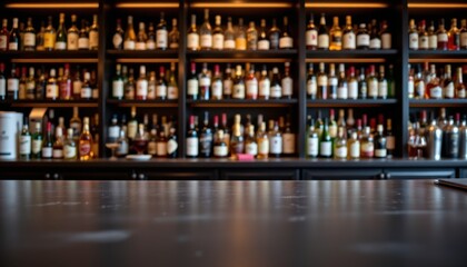 Elegant Bar Interior with Diverse Bottles of Spirits on Shelves and a Polished Countertop