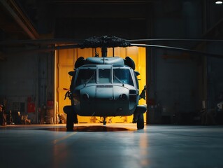 Military helicopter standing ready inside hangar with bright light emerging from open door, symbolizing readiness for mission, defense, and power