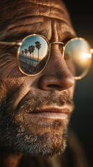 Close-up portrait of an elderly man wearing glasses reflecting palm trees and ocean during sunset.
