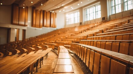 Traditional Empty College Lecture Hall with Wooden Desks and Benches