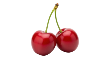 Two ripe red cherries isolated PNG on transparent background, fresh summer fruit for healthy eating and dessert design