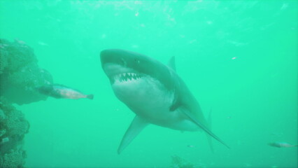 Fototapeta premium Beneath the calm surface of turquoise waters, a graceful shark swims near colorful coral. The creature displays its sharp teeth while exploring the rich underwater habitat.