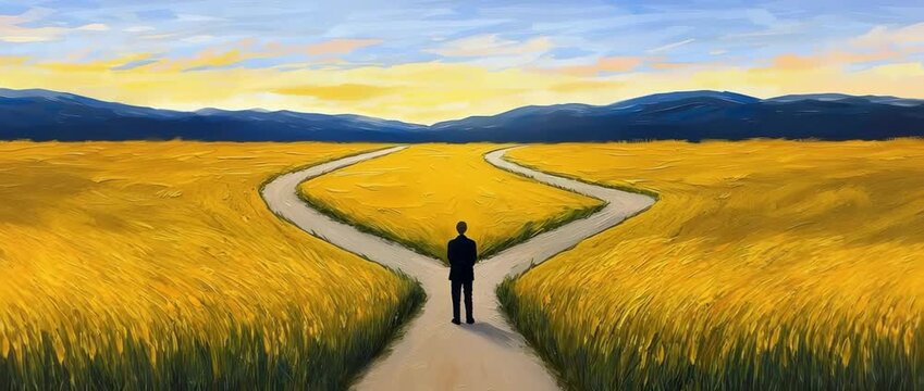 solitary figure stands at  fork in the road through  vibrant yellow wheat field at sunset