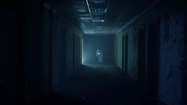 Cinematic 4K video ghostly figure roaming abandoned corridor night, darkness, horror atmosphere, flickering overhead lights, decaying walls, dust particles floating air dolly movement, eerie shadows