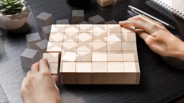 Hands rearranging scattered wooden cubes into clean alignment on office desk