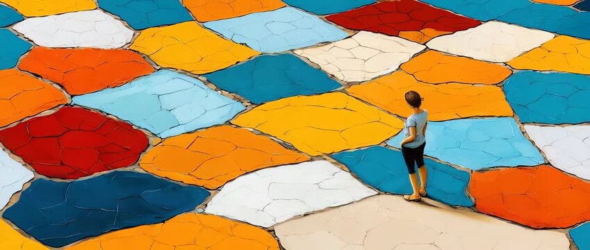 Woman stands on colorful abstract stone path with cracked textured surface in vibrant hues