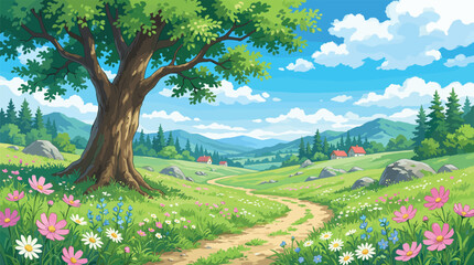 Beautiful summer landscape with winding path through flower meadow under large tree with mountains and blue sky for nature background and wallpaper