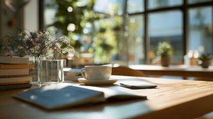 Fototapeta premium Bright Morning Workspace: A Cup of Coffee, Books, and Nature's Light
