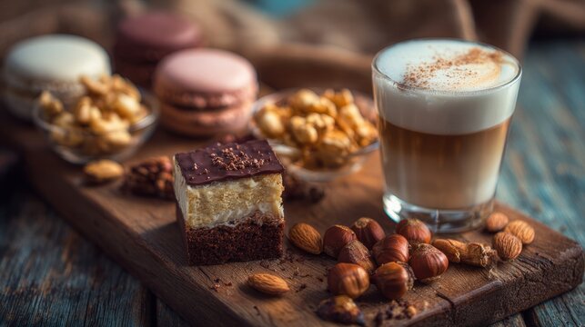Cozy Coffee Break with Dessert Selection on Rustic Wooden Serving Board