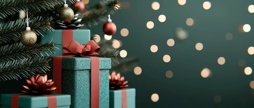 Stack of festive teal gift boxes with red ribbons near  decorated Christmas tree