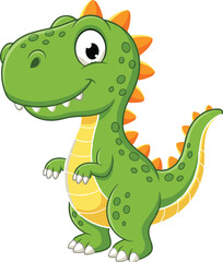 Obraz premium Cute Green Cartoon Dinosaur Tyrannosaurus Rex Character with Orange Spikes Standing and Smiling Isolated on White Background for Kids Design and Vector Projects