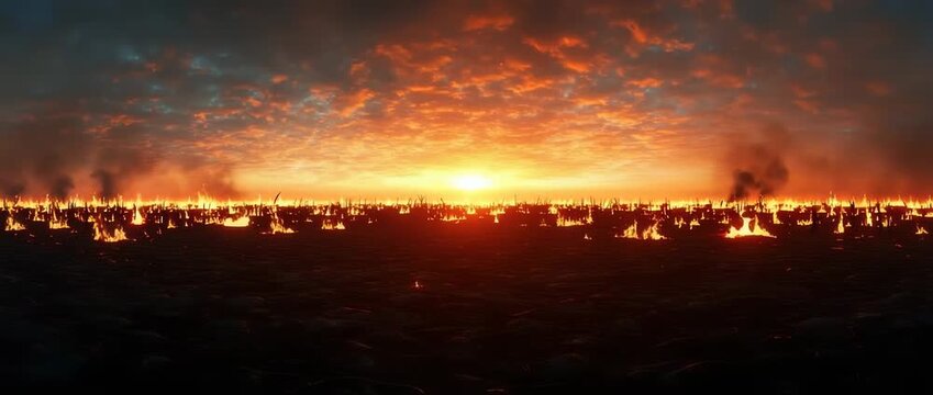Wide view of  vast field burning intensely under  dramatic fiery orange sunset sky
