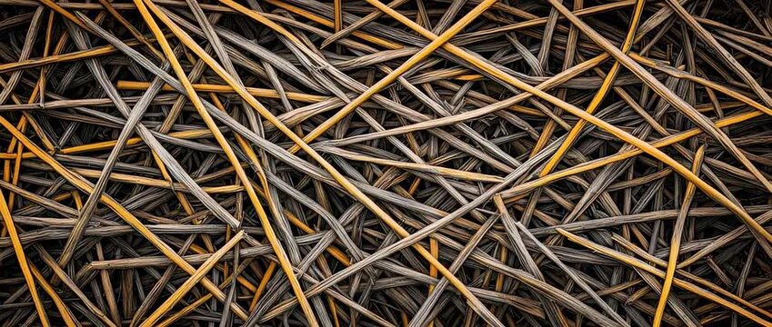 Close up texture of tangled interwoven dry straw or reed stalks with contrasting colors