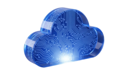 Blue cloud computing icon PNG isolated on transparent background, digital technology concept for data storage and network solutions