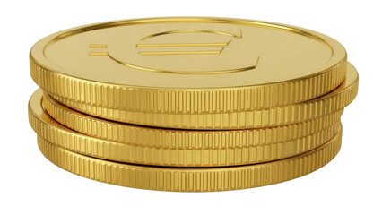 Stack of four golden Euro coins isolated PNG on transparent background, currency and finance concept for business and investment