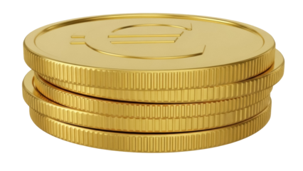 Stack of four golden Euro coins isolated PNG on transparent background, currency and finance concept for business and investment