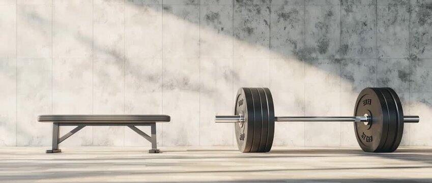 weightlifting barbell with plates rests near  flat utility bench against  concrete wall