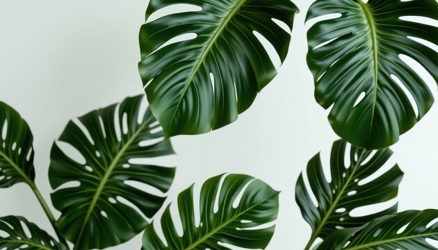 Lush Monstera Leaves with Unique Cutouts Against a Soft Background for Nature and Interior Design Themes