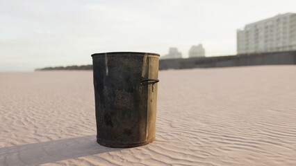 Naklejka premium A weathered metal trash can sits forgotten on a serene sandy beach. The sun sets behind distant buildings, casting soft light on the tranquil scene where nature meets urban life.
