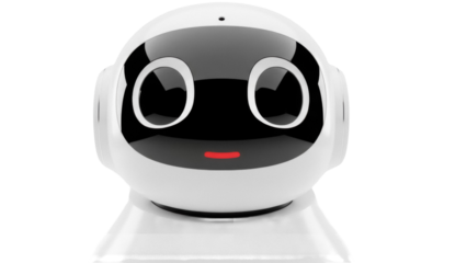 Friendly white robot head isolated PNG, cute AI assistant with big eyes on transparent background, futuristic technology concept