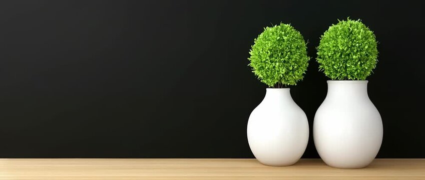 Two small green topiary plants in white ceramic vases on  wooden surface