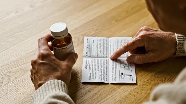 Hands checking dosage instruction card near medication