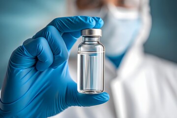 Scientist in Protective Gear Holding a Clear Vaccine Vial for Medical Research and Immunization