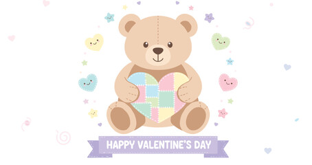 Cute teddy bear holding patchwork heart with Valentine banner, love and celebration theme, flat vector illustration, playful design
