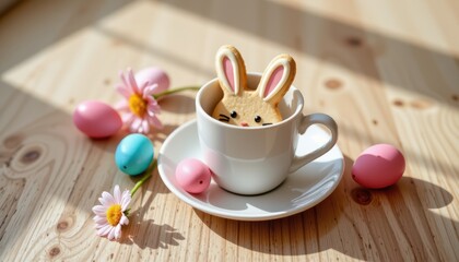 Cute bunny cookie in white cup surrounded by pastel eggs and flowers on wooden table with sunlight streaming