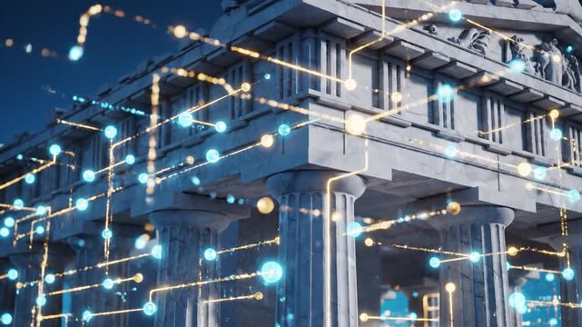 Ancient temple ruin lit by blue string lights and hanging orbs against a night sky. and extra glow!!