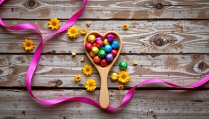 Colorful Chocolate Candies in Heart-Shaped Spoon Surrounded by Flowers and Ribbon on Rustic Wooden Table