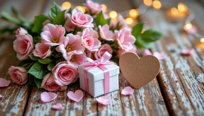 Beautiful Pink Roses and Gift Box with Heart Shape on Wooden Table Surrounded by Soft Lights