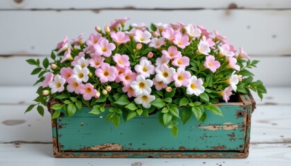 Colorful Pink and White Flowers in Decorative Wooden Box with Green Paint on Rustic Background