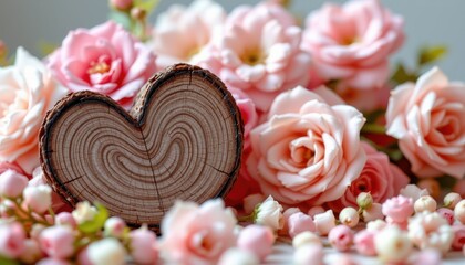 Romantic heart shape wooden decoration surrounded by beautiful pink roses and blossoming flowers on a soft background