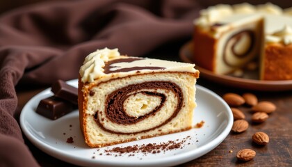 Delicious Chocolate Swirl Cake Slice on Plate with Almonds and Chocolate on Wooden Table