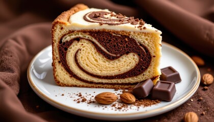 Swirled Chocolate Marble Cake Slice on Plate with Chocolate Chunks and Almonds on Brown Fabric Background