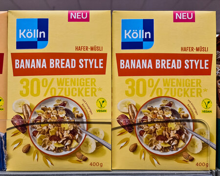 Kiel, Germany - 07. January 2026: K&ouml;lln Hafer-M&uuml;sli Banana Bread Style less sugar